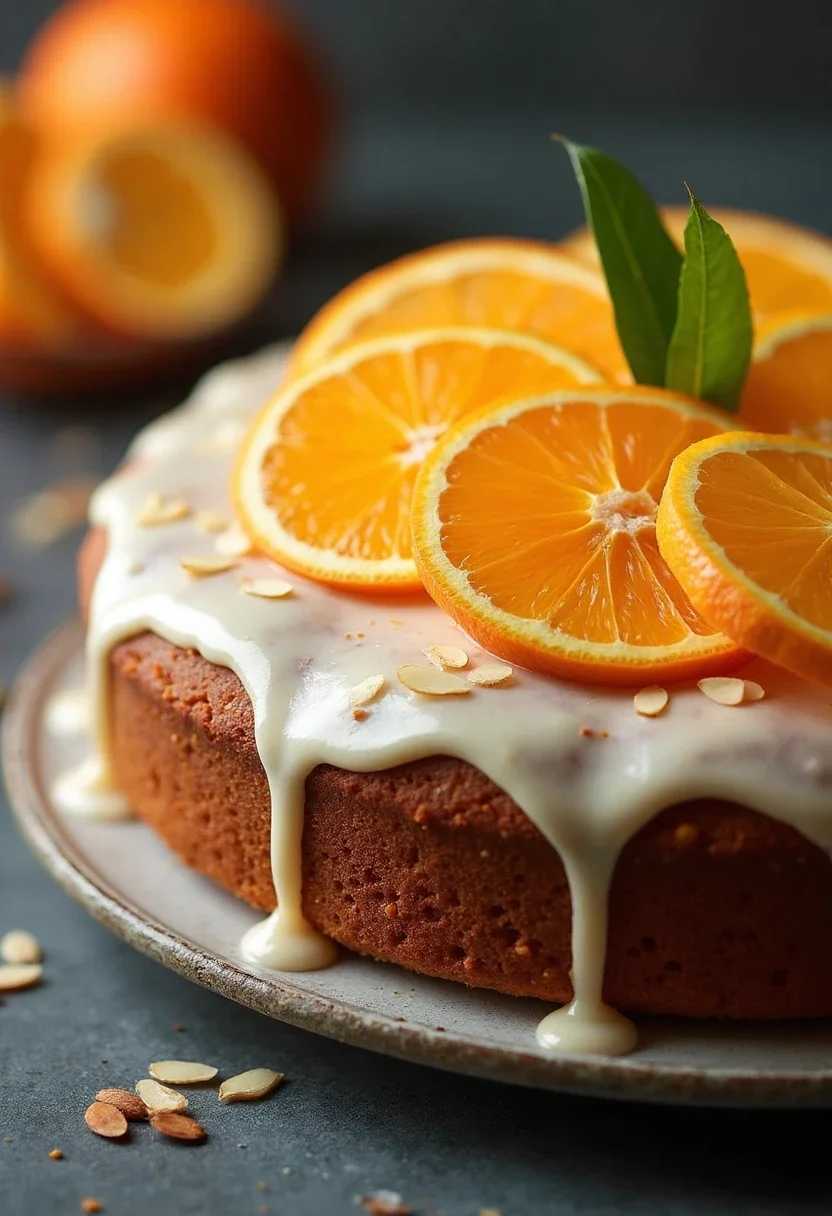 Almond and orange cake with citrus glaze and orange slices.