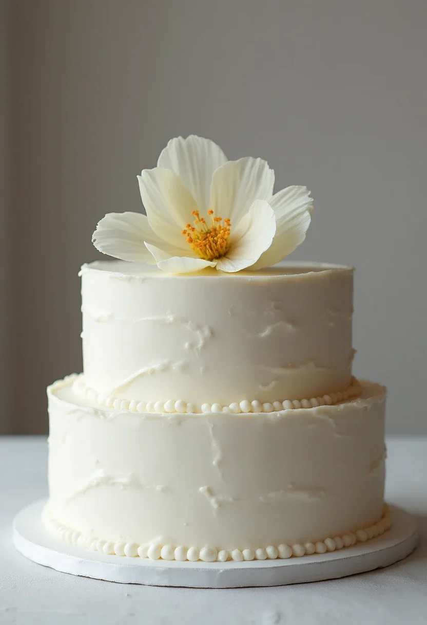 Minimalist white wedding cake with a single flower decoration.