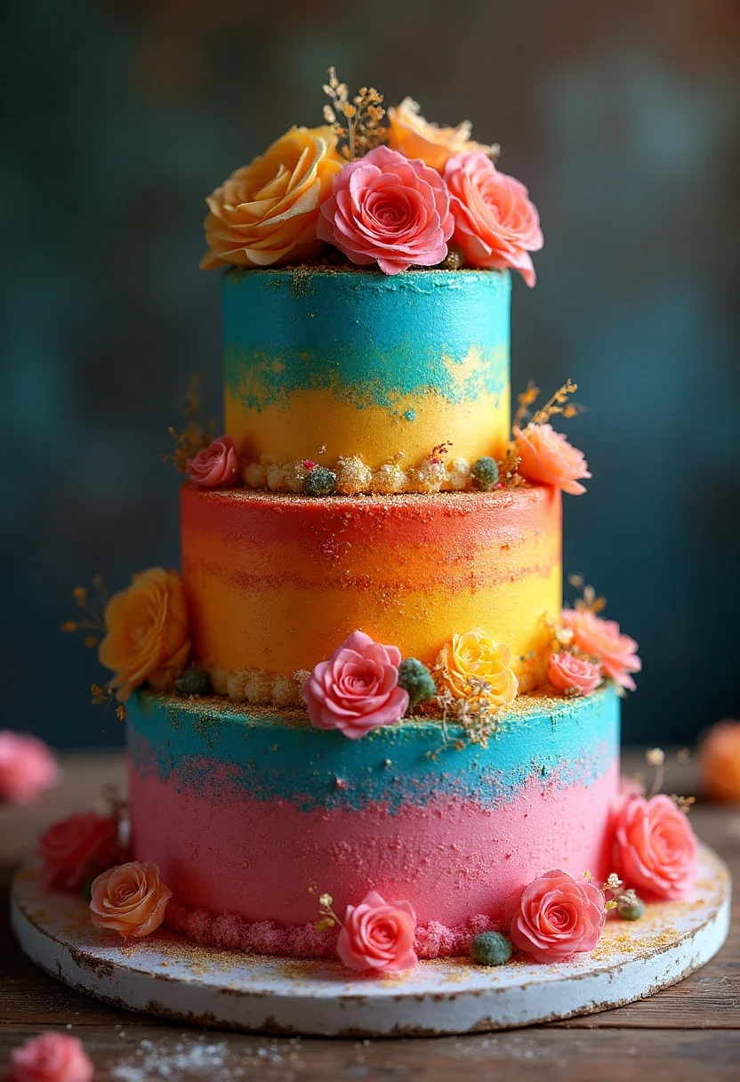 Colorful wedding cake with bold, vibrant layers.