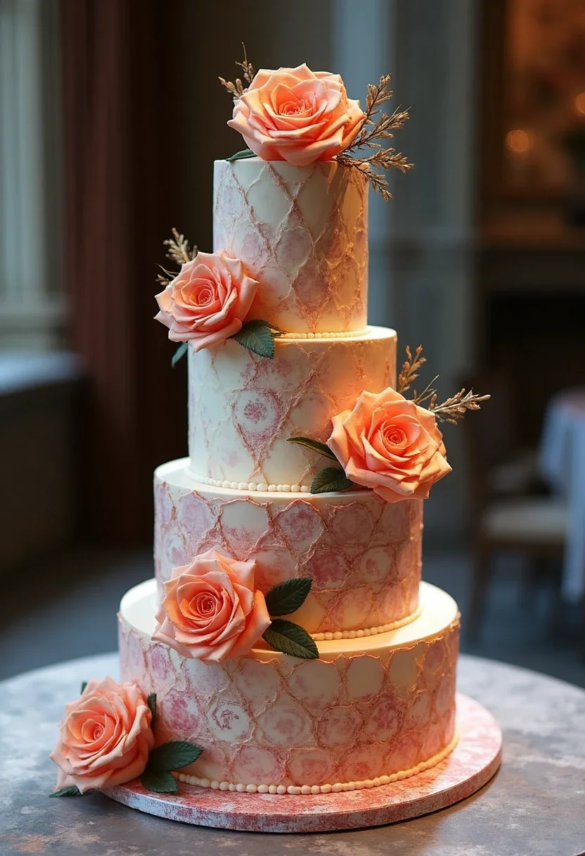 Geometric wedding cake with hexagonal layers and bold designs.