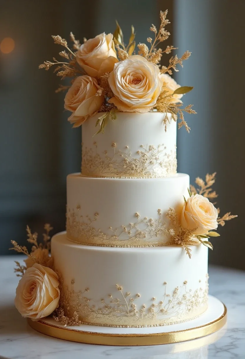 Elegant wedding cake with gold metallic accents.