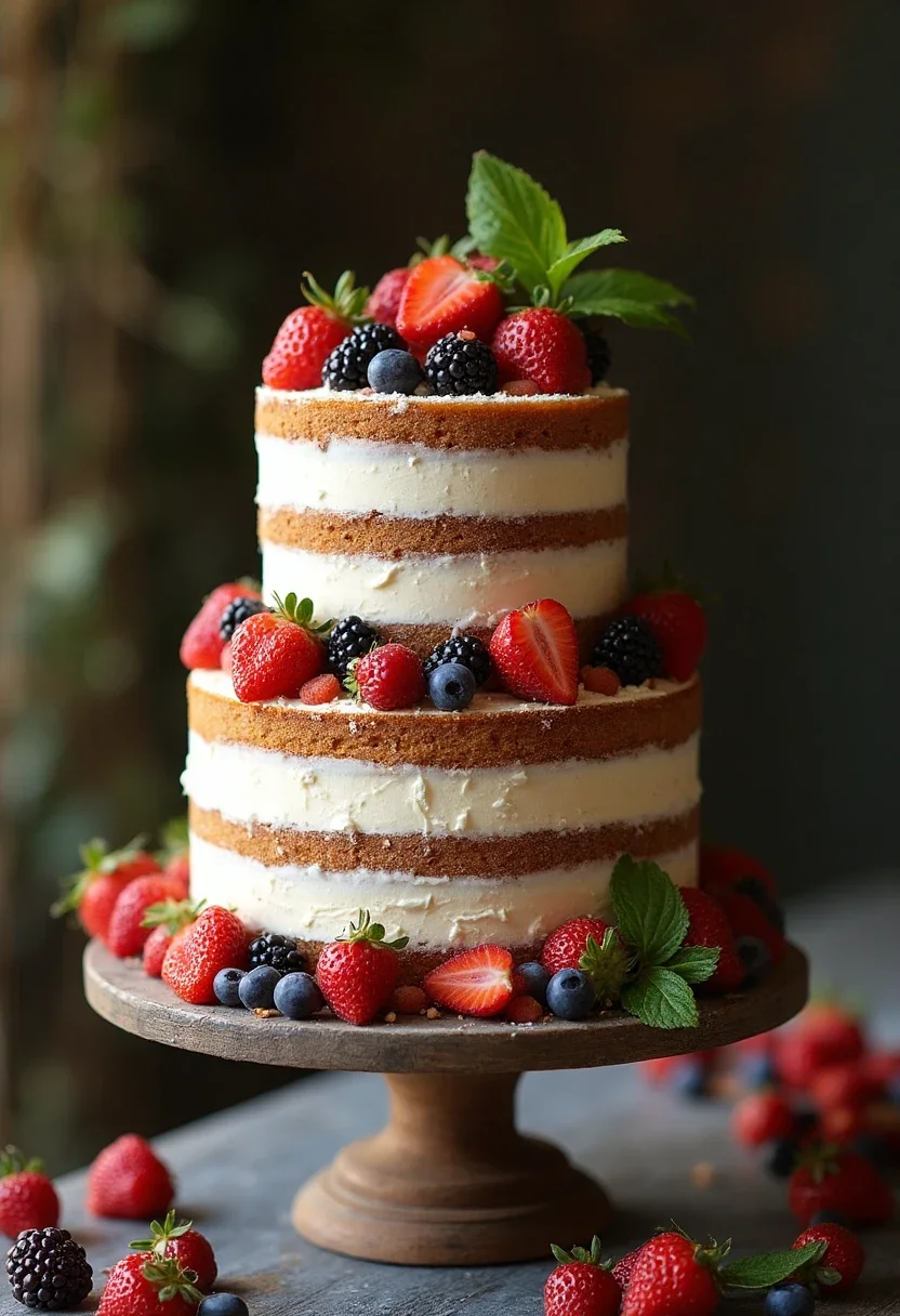 Rustic naked wedding cake with exposed layers and fruit decoration.