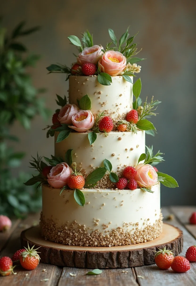 Sustainable wedding cake with organic and eco-friendly decorations.