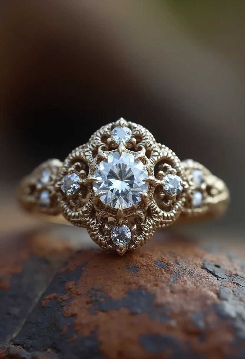 Vintage engagement ring with filigree detailing and a round-cut diamond