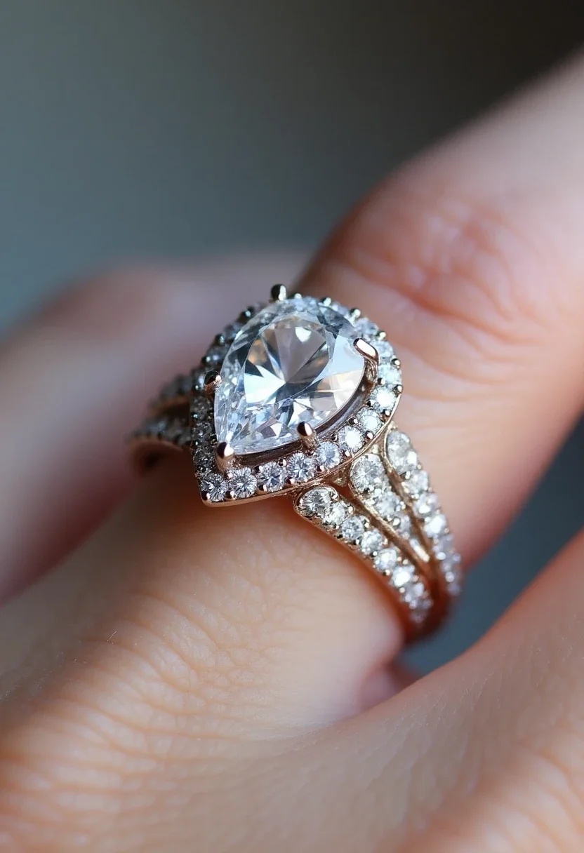 Halo engagement ring with a pear-shaped diamond and a halo of smaller stones