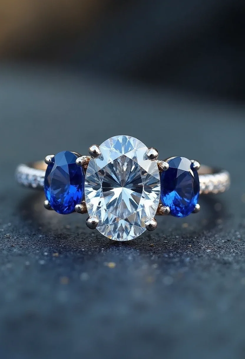 Three-stone engagement ring with a diamond center and two sapphire side stones