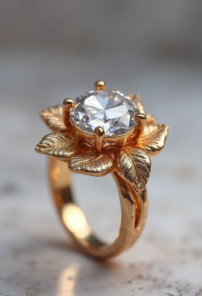 Nature-inspired engagement ring with a leaf design and central diamond