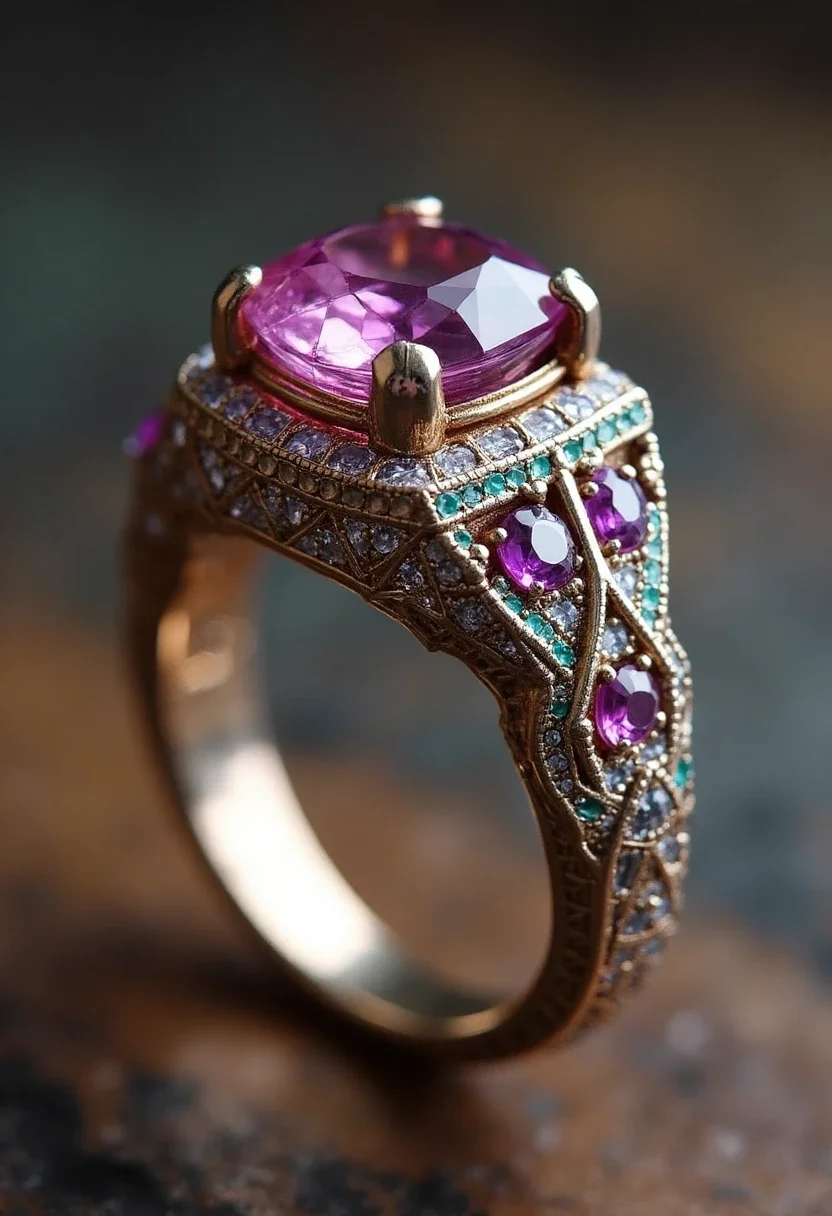 Art Deco engagement ring with geometric design and colorful gemstones