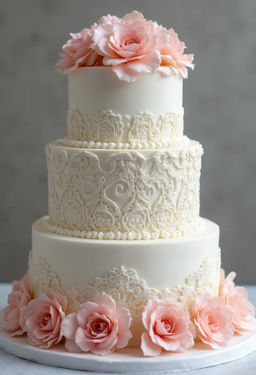 Classic white lace bridal shower cake with sugar flowers.