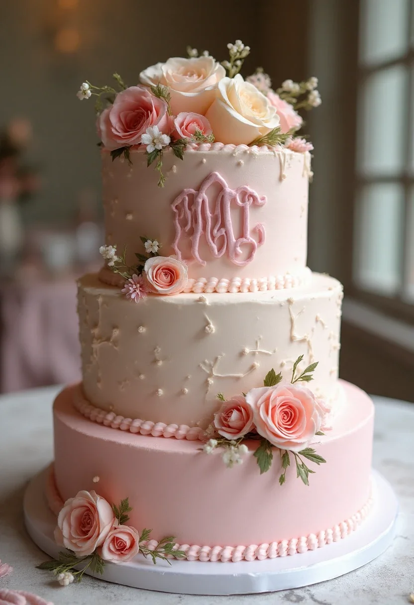 Personalized monogram bridal shower cake with the bride's initials.