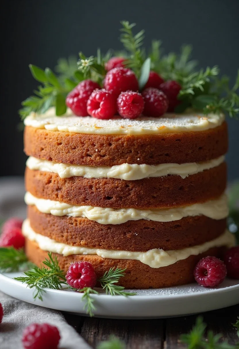 Rustic naked bridal shower cake with berries and greenery.