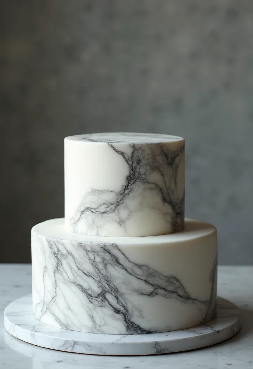 Elegant marble bridal shower cake with gray and white marbled fondant.