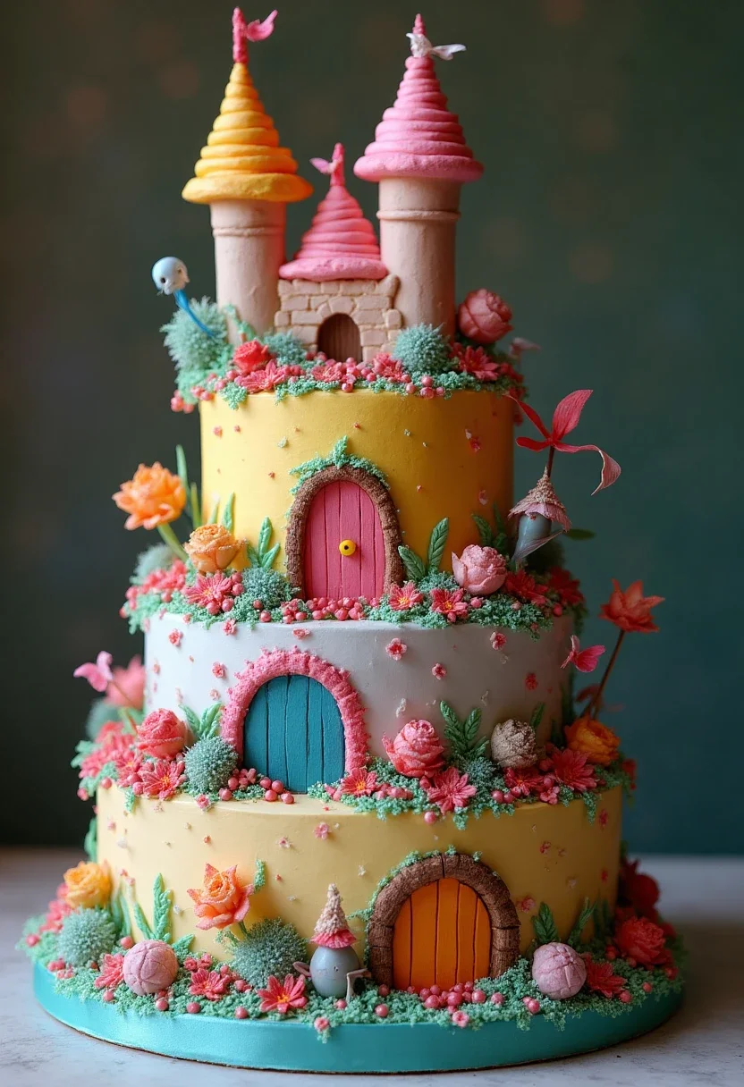 Whimsical bridal shower cake with bright colors and a fairytale theme.