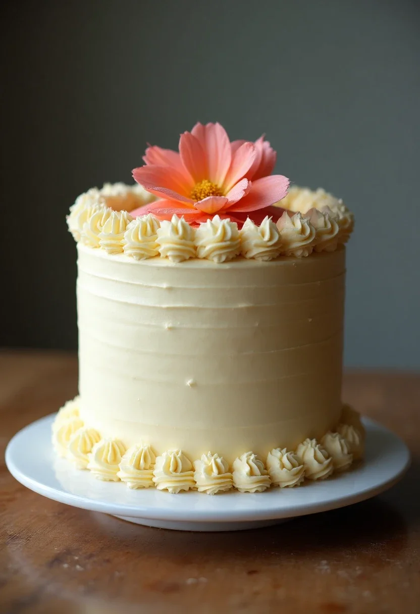 Minimalist buttercream bridal shower cake with a single flower decoration.