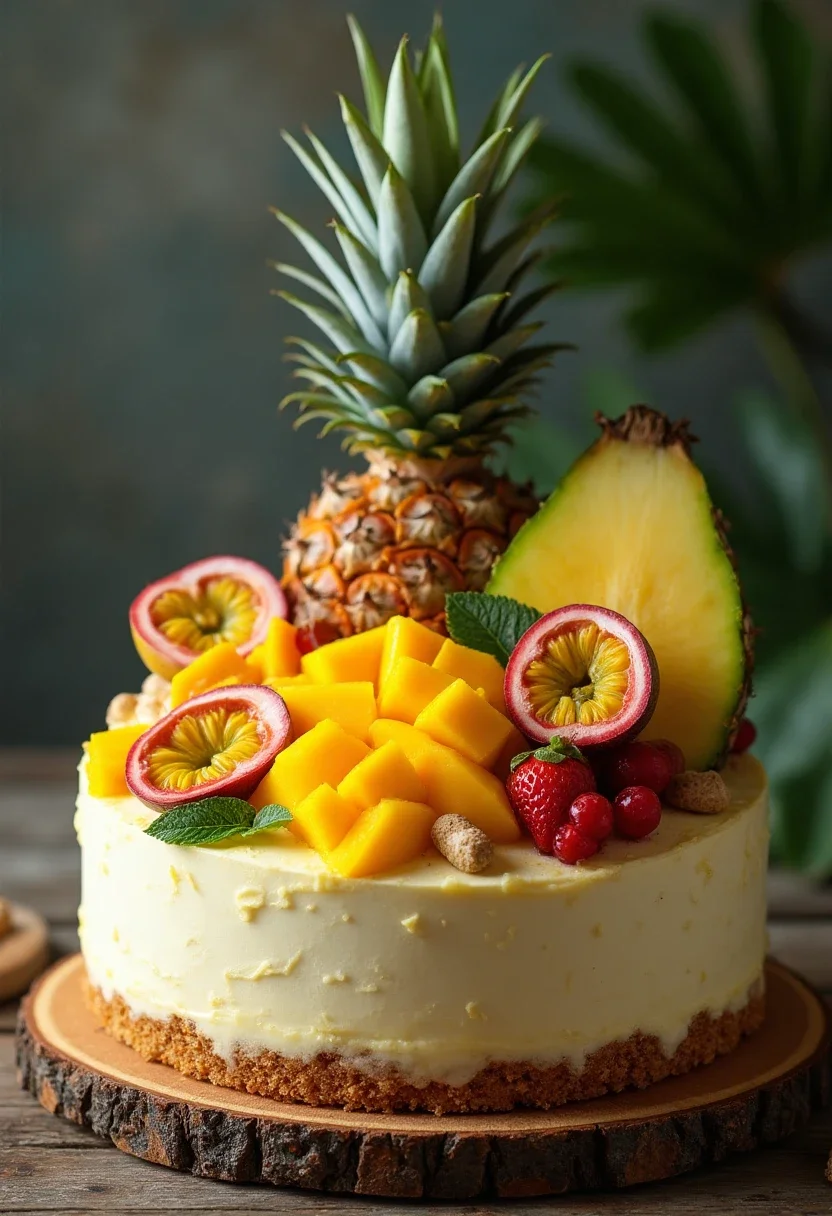 Tropical fruit bridal shower cake with fresh fruit toppings.