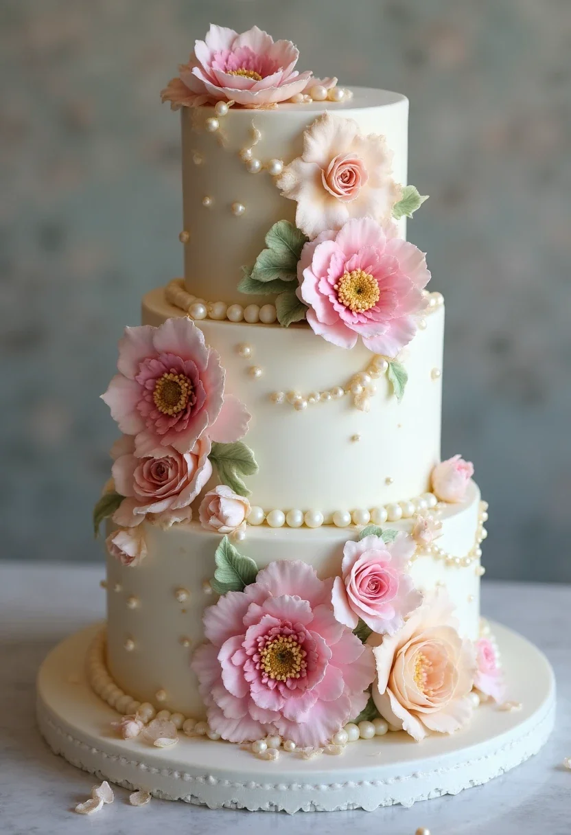Vintage tea party bridal shower cake with floral designs and pearls.