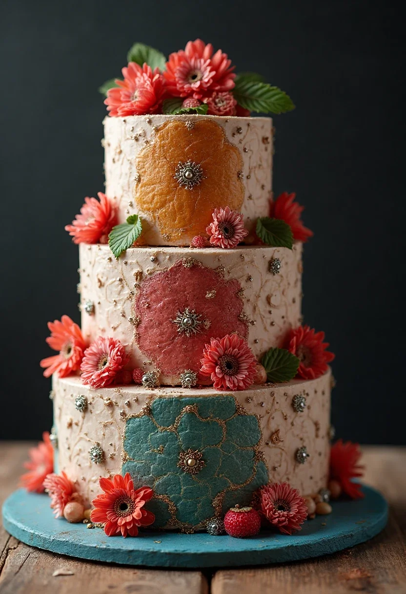 Modern geometric bridal shower cake with bold patterns and colors.