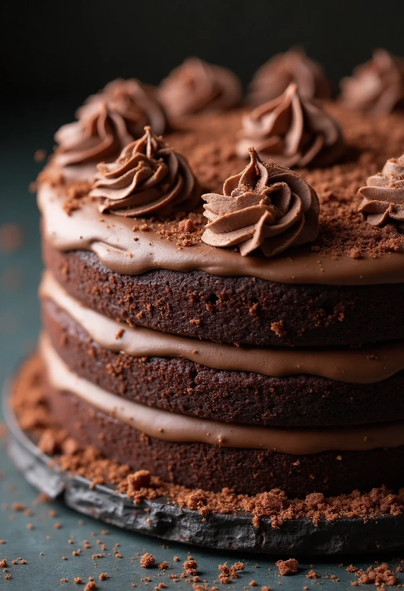 Decadent chocolate bridal shower cake with ganache and chocolate shavings.