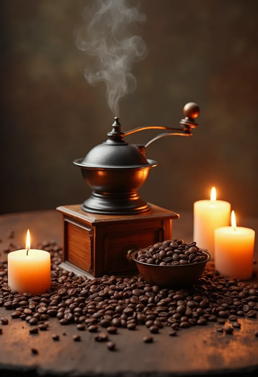 Table decorations with coffee beans and vintage items.