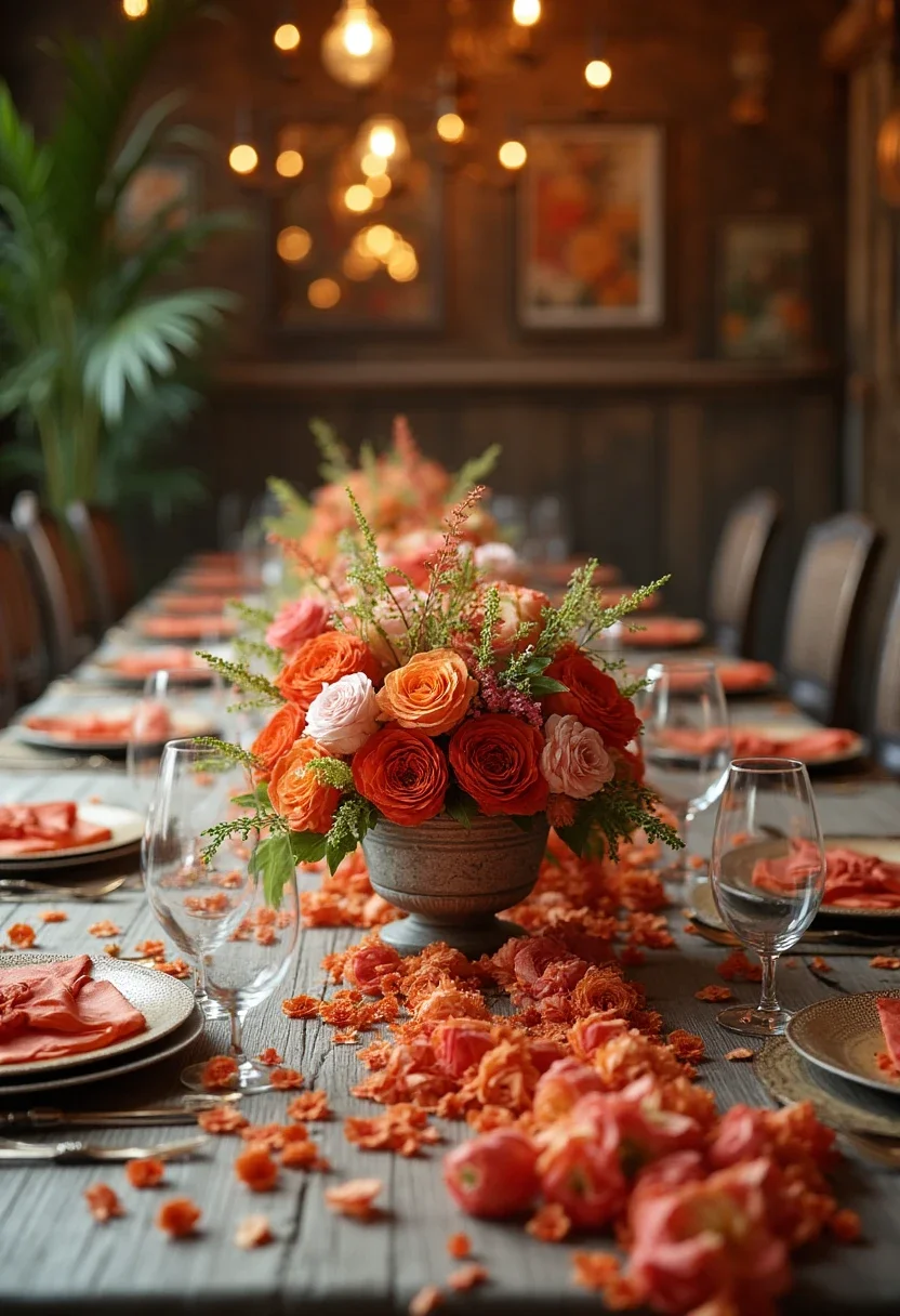 Table with floral centerpieces and garlands