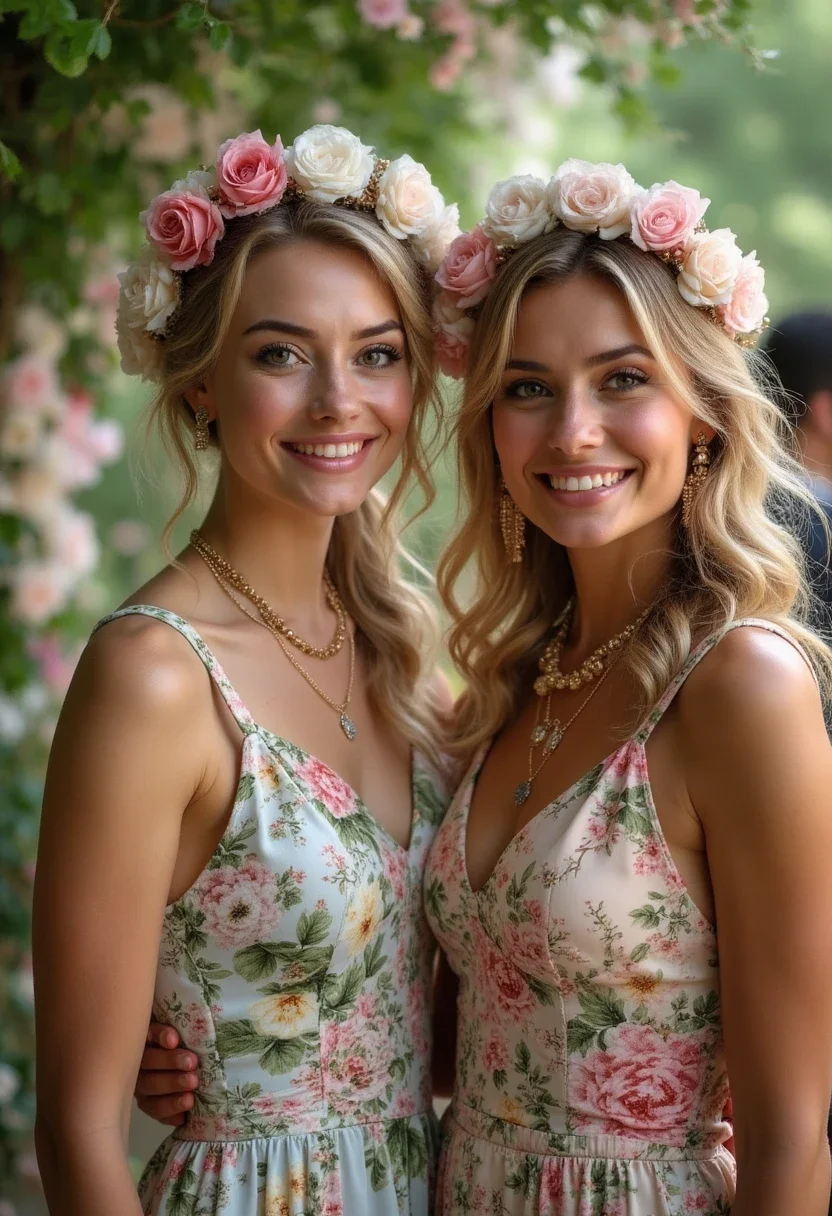 Guests in floral-themed dresses at a garden party
