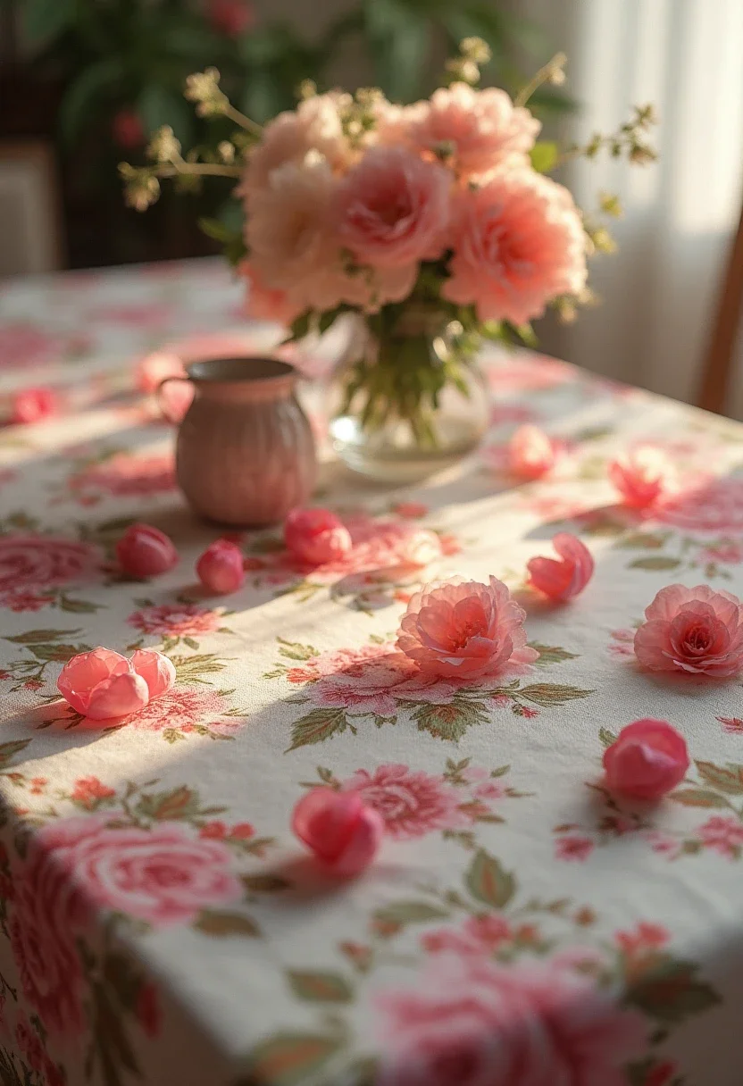 Table with floral-printed cloths and petals