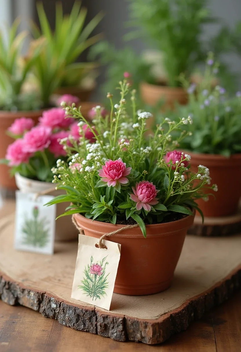Floral party favors including potted plants