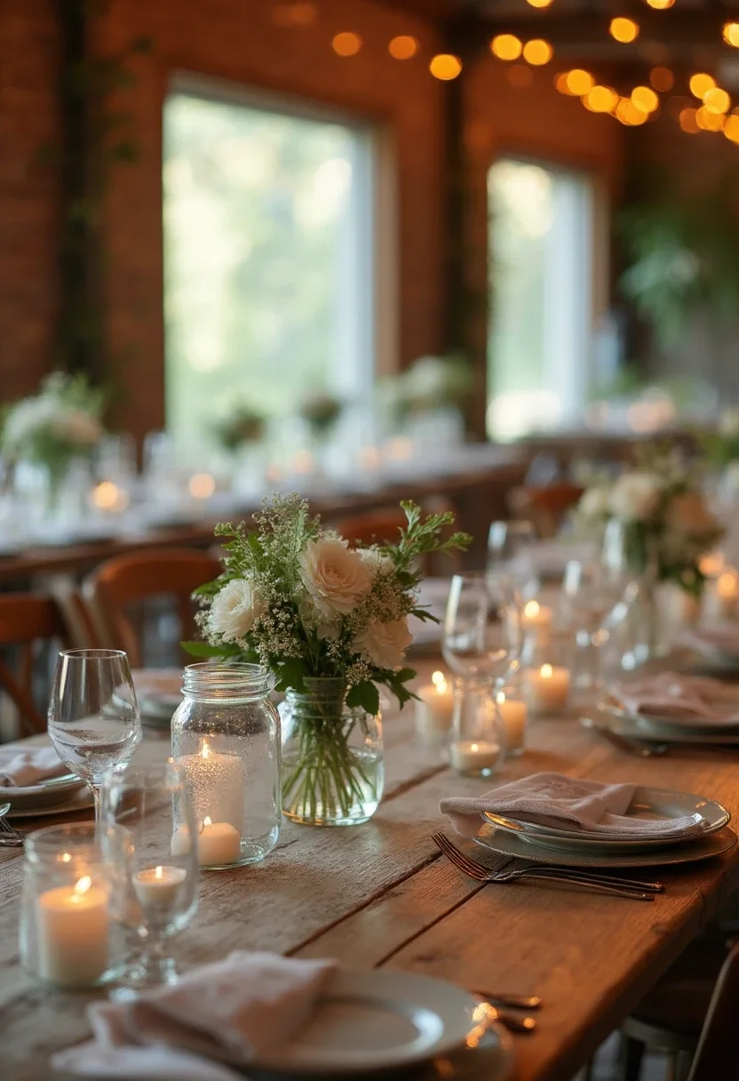 Rustic chic bridal shower with wooden tables and mason jar centerpieces.