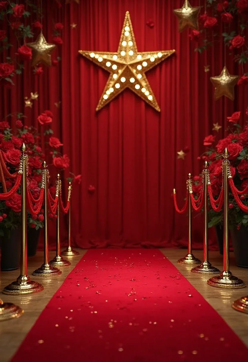 Glamorous Hollywood bridal shower with red carpet and gold accents.