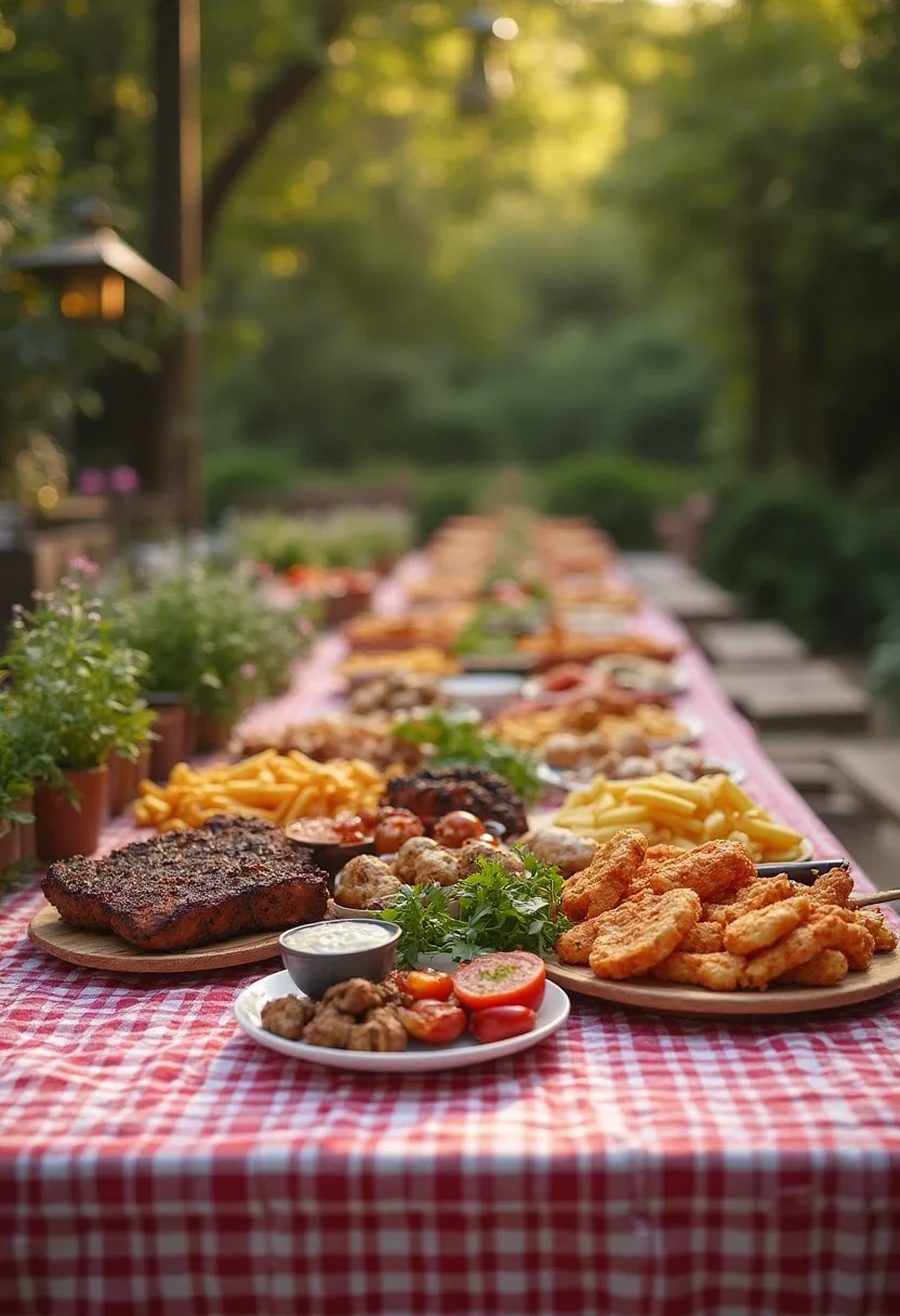 Backyard BBQ bridal shower with picnic tables and BBQ food.