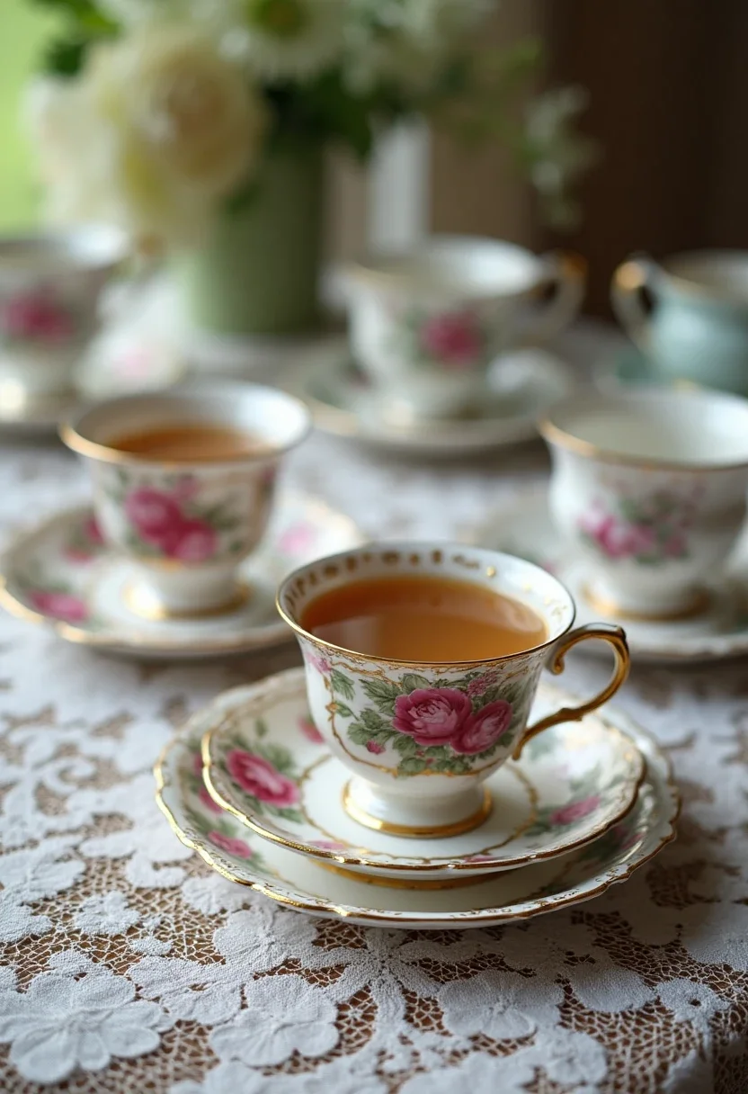 Vintage china tea set with floral patterns on a lace tablecloth.
