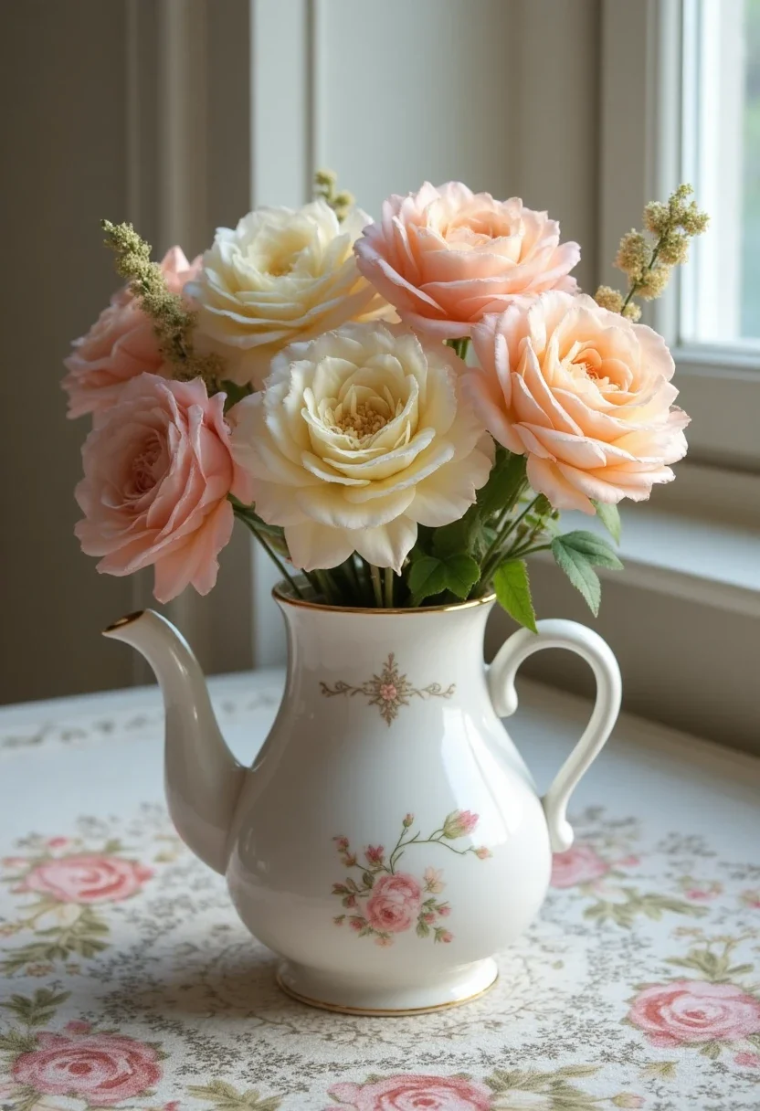 Teapot vase with pastel flowers as a centerpiece on a table.