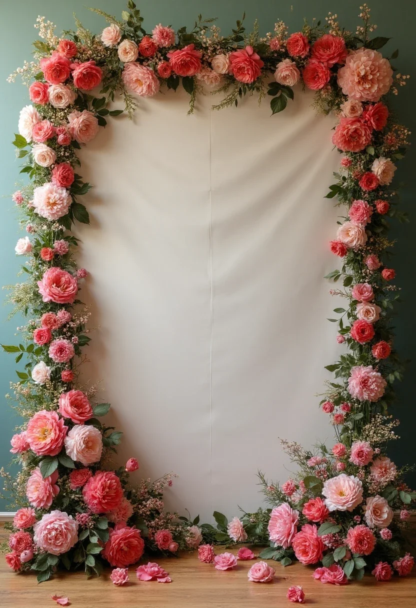 Photo booth with vintage props and floral backdrop at a bridal shower.