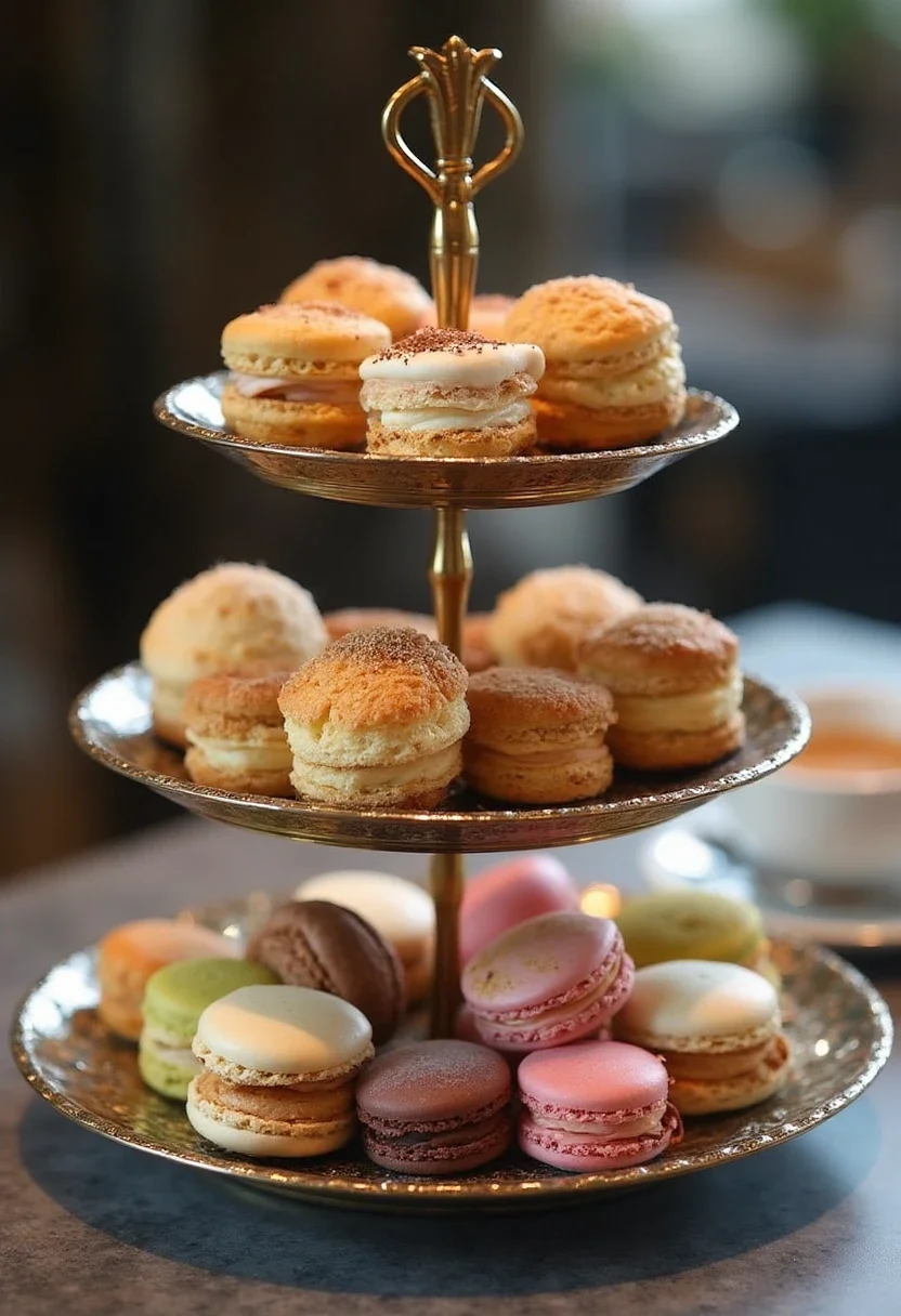 Tiered pastry stand with scones, macarons, and sandwiches.