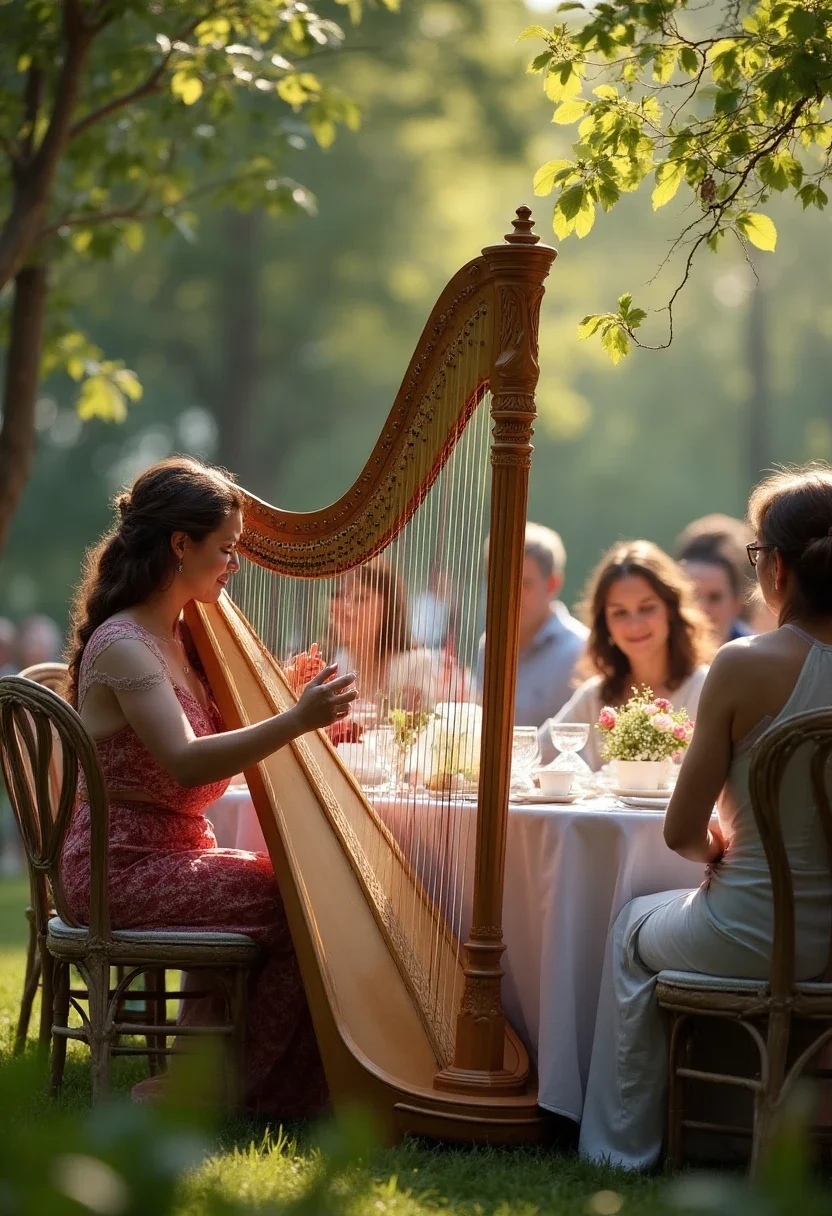 Harpist performing at a tea party bridal shower.