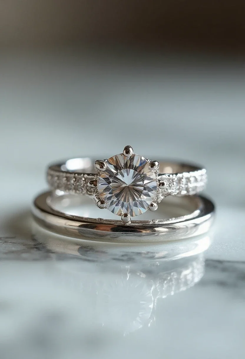 Platinum wedding ring set with a diamond accent.