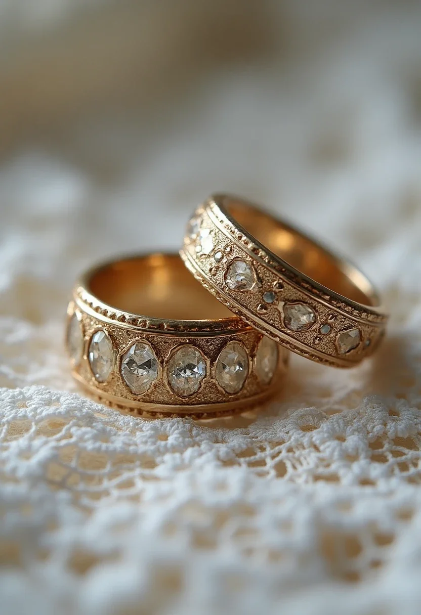 Vintage-inspired wedding rings with filigree details.