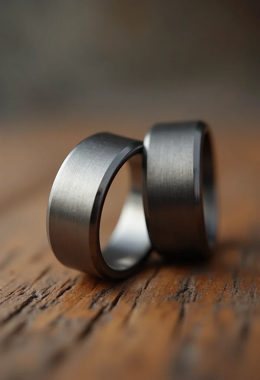 Minimalist wedding rings with a brushed metal finish.