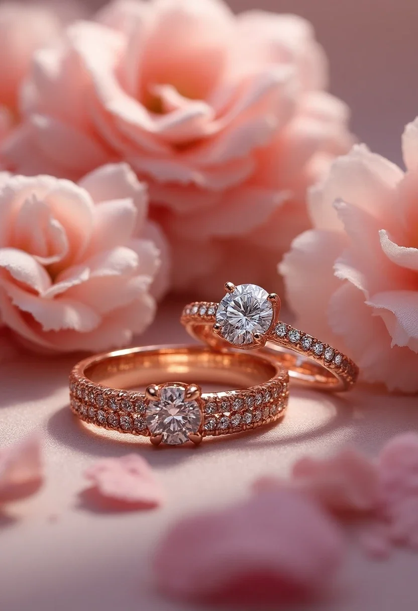 Rose gold wedding rings with diamond accents.