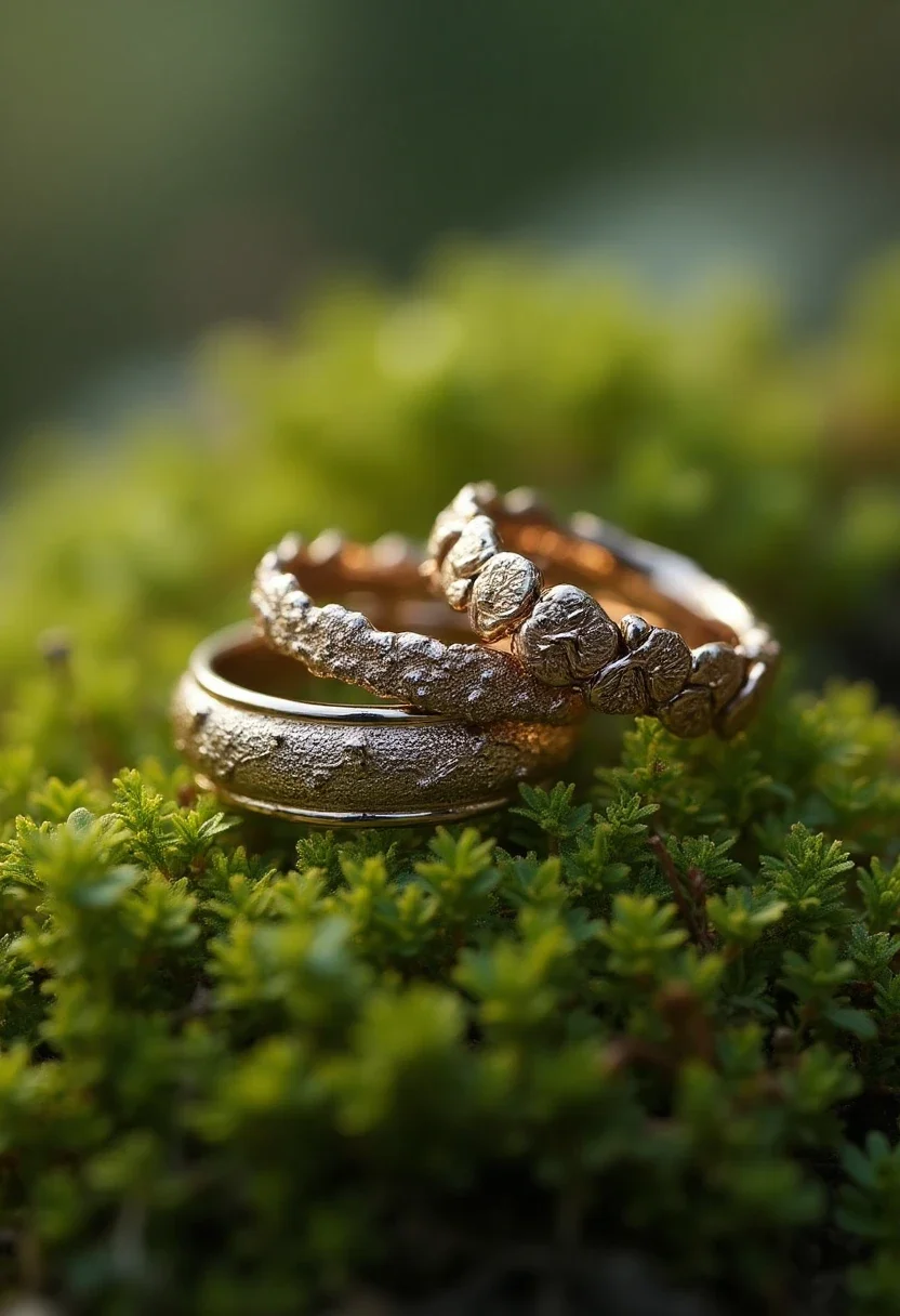 Nature-inspired wedding rings with leaf motifs.
