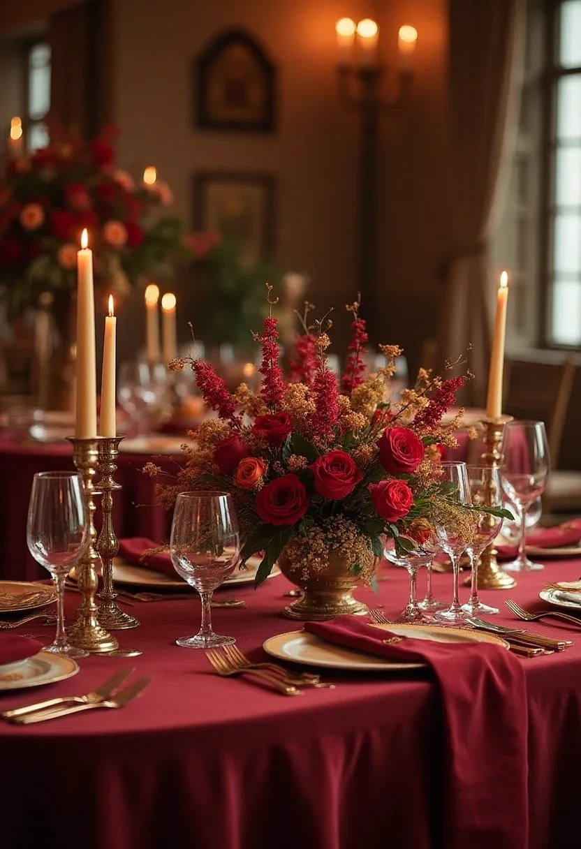 Burgundy and gold themed wedding table setting with floral arrangements.