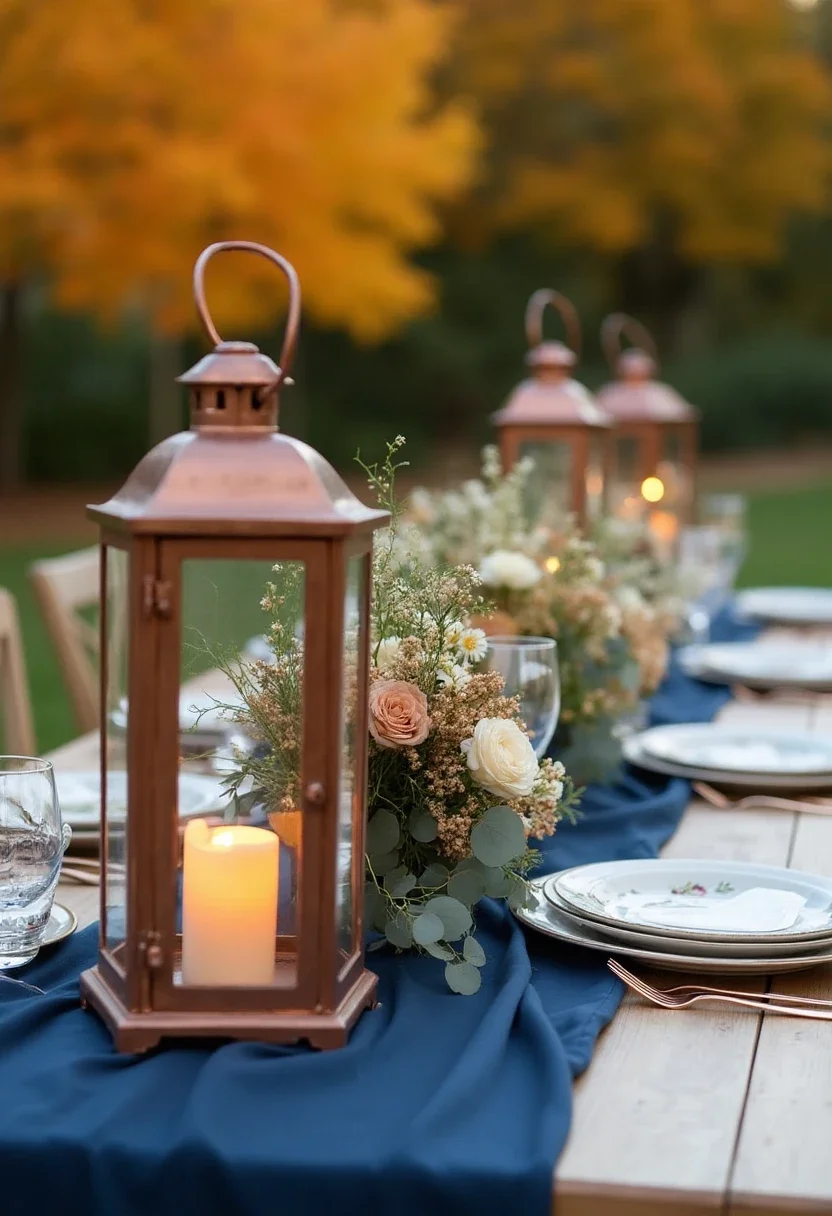 Navy and copper themed wedding reception table with lanterns.