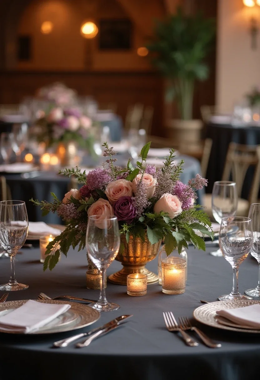 Charcoal and mauve themed wedding reception with tablecloths and flowers.