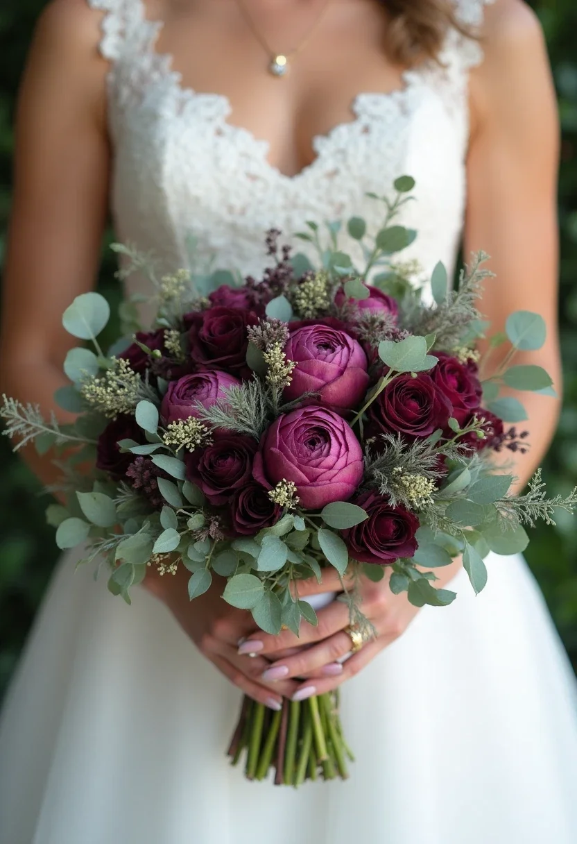Plum and sage wedding bouquet held by a bride.