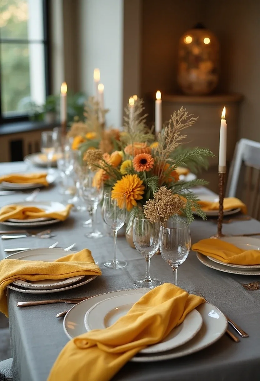 Mustard and gray wedding table setting with floral arrangements.