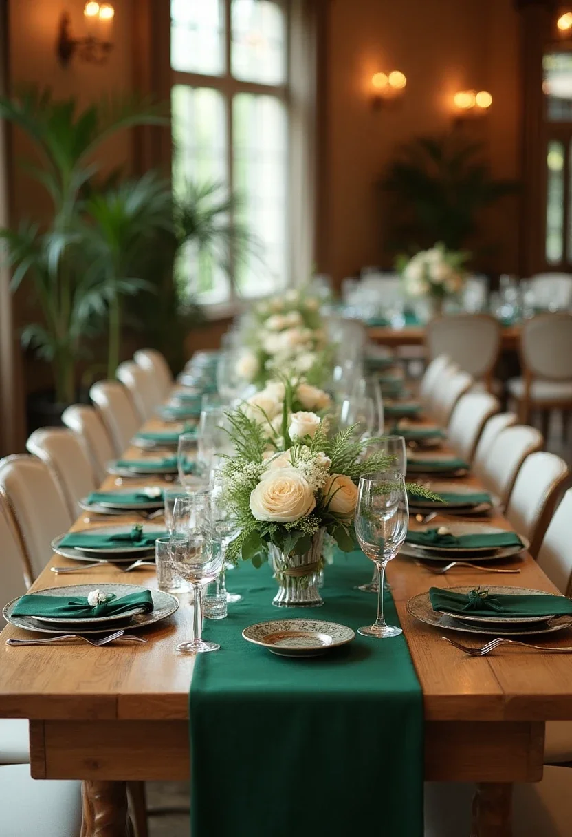 Forest green and ivory themed wedding reception with table runners and flowers.