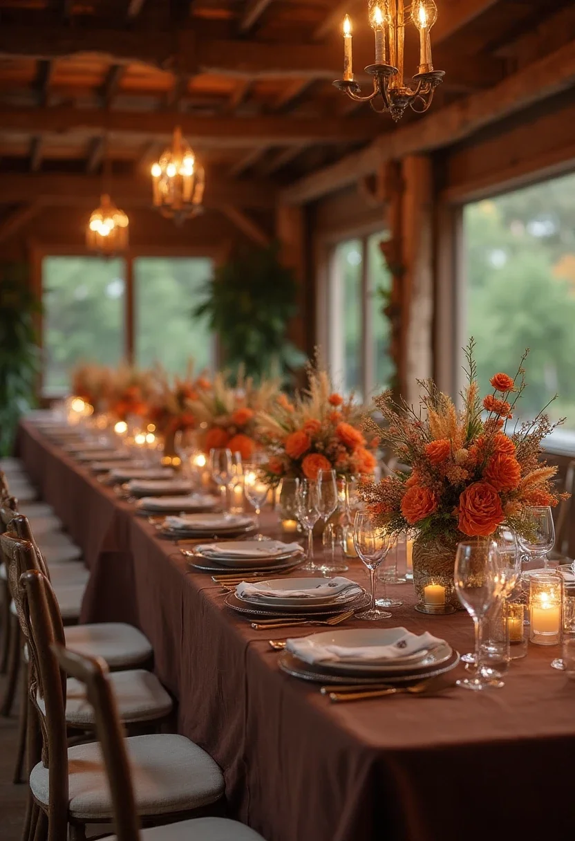 Chocolate brown and burnt orange themed rustic wedding venue.