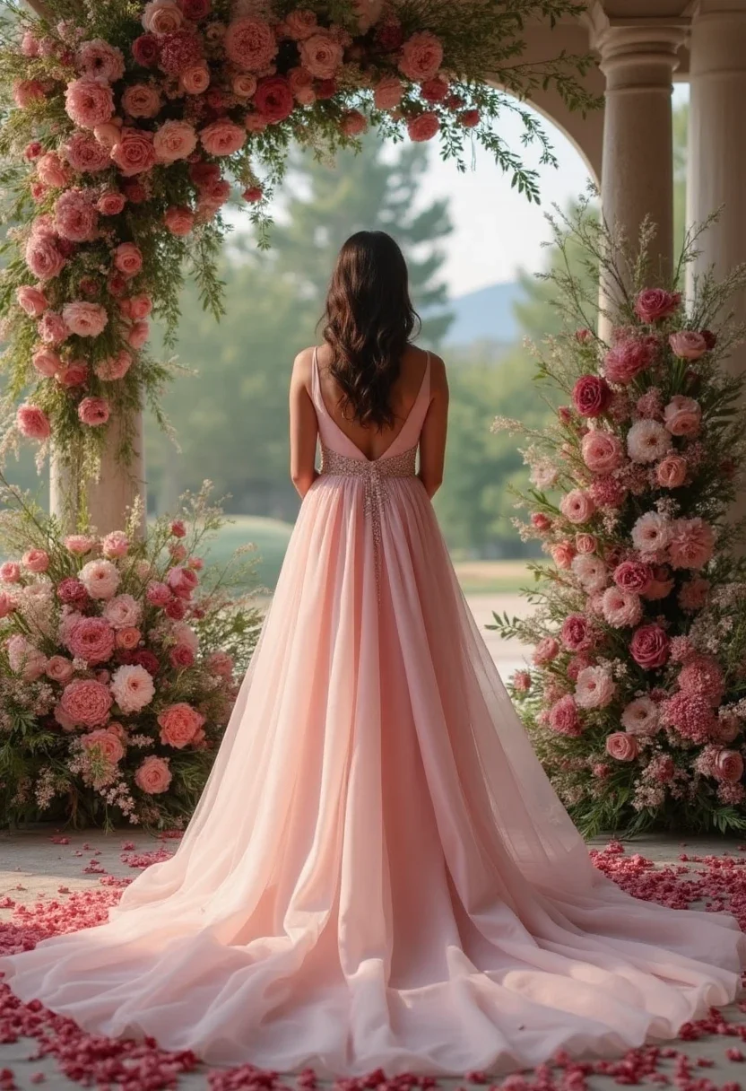 Dusty rose and wine themed wedding ceremony with dresses and flowers.