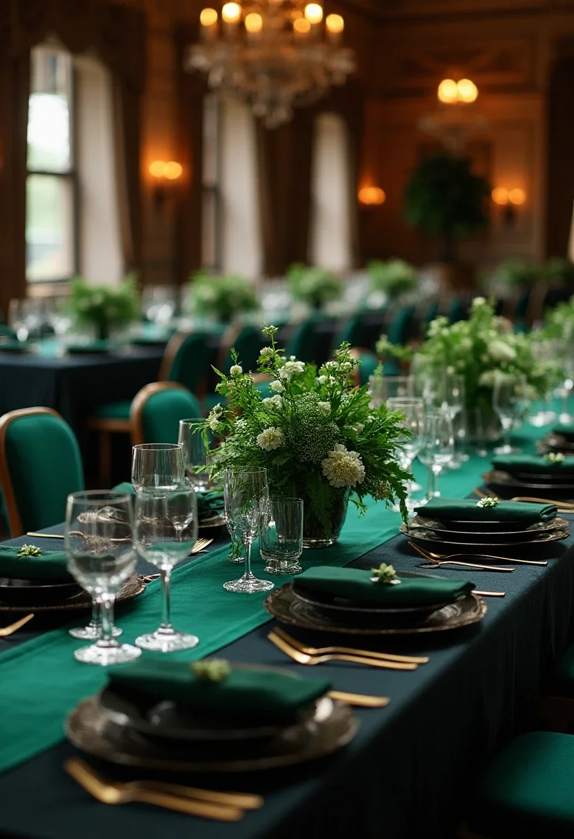 Black and emerald themed wedding reception with table settings and flowers.