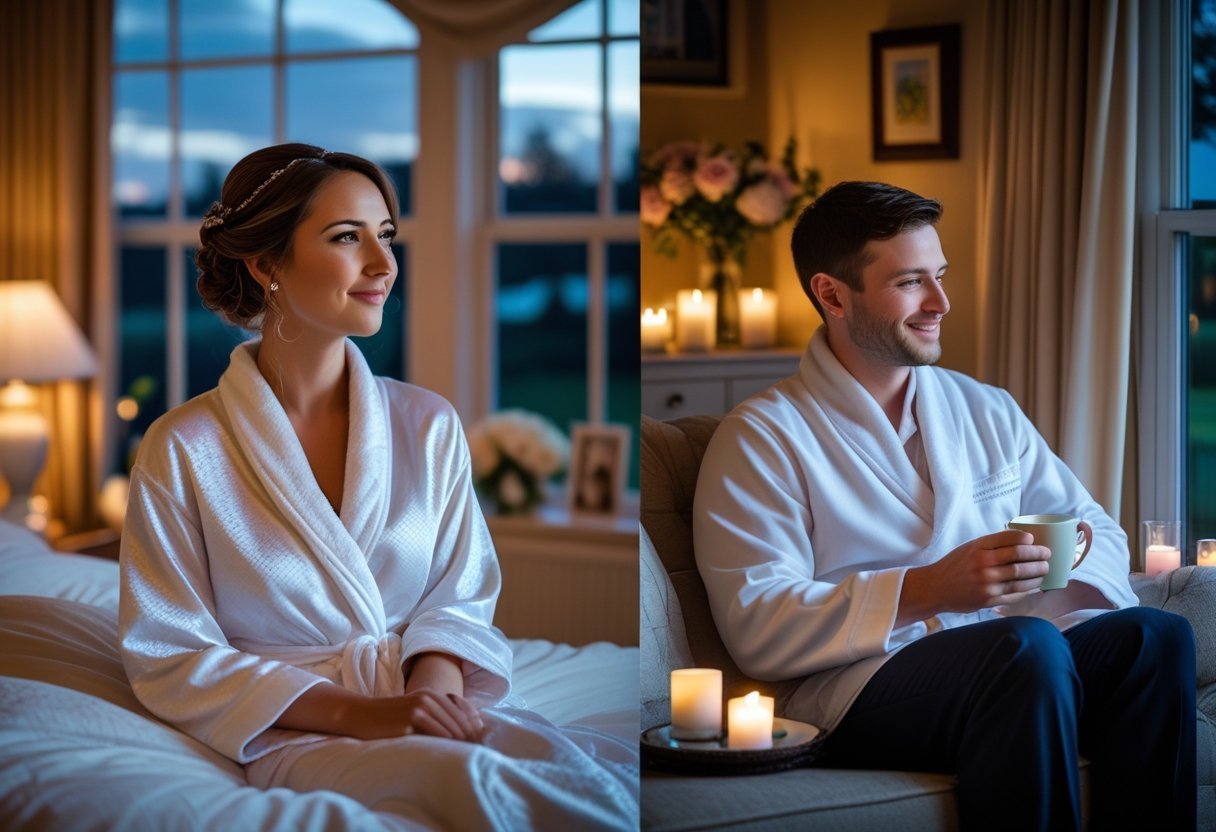 A bride and groom are in separate rooms of a cozy home the night before their wedding, each appearing calm and thoughtful.